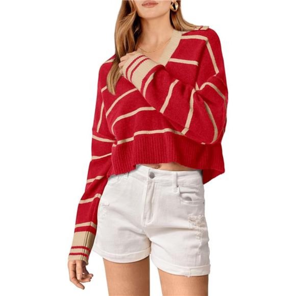 Sweaters - Women's Pullover Striped Sweaters Red
